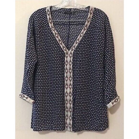 Thml Women’s Blue Print W/Embroidered Trim Boho Blouse 100% Rayon Size Med NEW - Picture 1 of 7